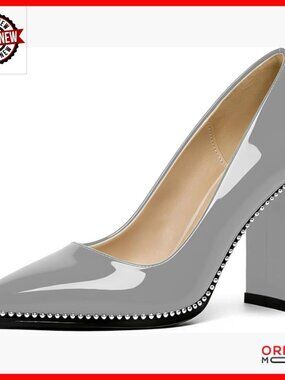 Chunky Heel Pumps 3.5 Inch Block Heel Pointed Toe Patent Leather